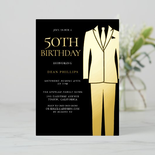 Gold Suit Stropdas Black Mannen 50th Birthday Part Folie Uitnodiging (Staand Voorkant)