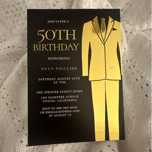 Gold Suit Stropdas Black Mannen 50th Birthday Part Folie Uitnodiging