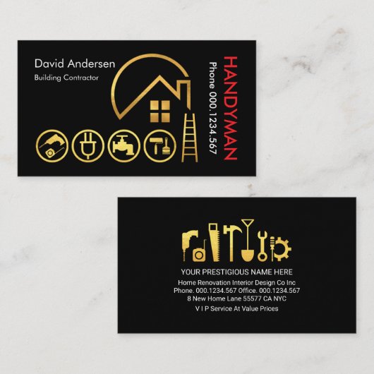 Gold Sun Building Rooftop Handyman Tools Visitekaartje (Voorkant / Achterkant)