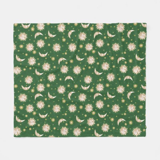 Gold Sun en Moon op Forest Green Fleece Deken (Voorkant (Horizontaal))