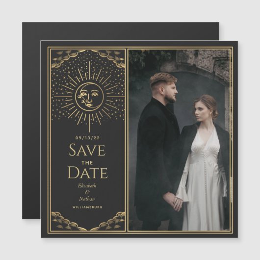 Gold Sun en Moon Tarot Card Foto opslaan Datum Magnetische Uitnodiging (Voorkant / Achterkant)