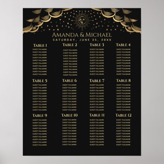 Gold Sun en Moon Tarot Card Wedding Seding Chart Poster (Voorkant)