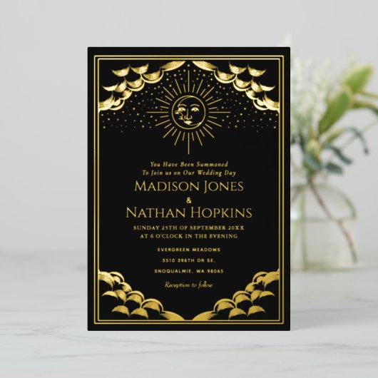 Gold Sun en Moon Tarot Kaart Wedding Invitation (Staand Voorkant)