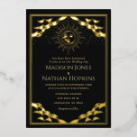 Gold Sun en Moon Tarot Kaart Wedding Invitation<br><div class="desc">Elegant en modern huwelijksontwerp geïnspireerd door een tarotkaart. De tekst in het ontwerp is afgedrukt in platte kleuren. U kunt dit verder aanpassen door op de knop "PERSONALISEREN" te klikken. Overeenkomende items in onze winkel voor een compleet feestthema.</div>