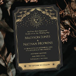 Gold Sun en Moon Tarot Kaart Wedding Invitation<br><div class="desc">Voeg een vleugje hemelse magie toe aan je grote dag! Deze  gotische huwelijksuitnodigingen hebben een op tarot geïnspireerd ontwerp met een stralende zon,  maan,  sterren en gouden wolken tegen een mysterieuze zwarte achtergrond. Personaliseer het voor uw behoeften. OPMERKING: Het goud in dit ontwerp is GEEN echte folie.</div>