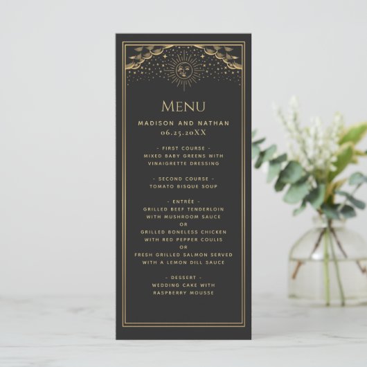 Gold Sun en Moon Tarot Wedding Flat Menu (Staand voorkant)