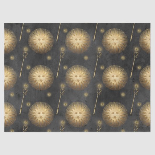 Gold Sun en Scepter Pattern op Black Decoupage Tissuepapier (Voorkant)