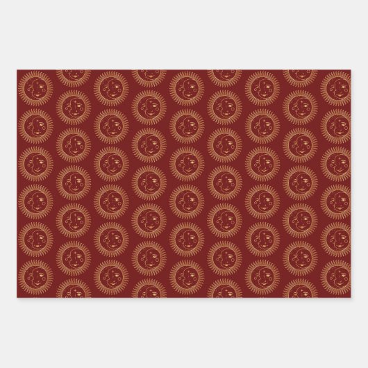 Gold Sun & Moon Faces Celestial Pattern Trio Inpakpapier Vel (Voorkant 3)