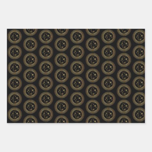 Gold Sun & Moon Faces Celestial Pattern Trio Inpakpapier Vel (Voorkant 2)