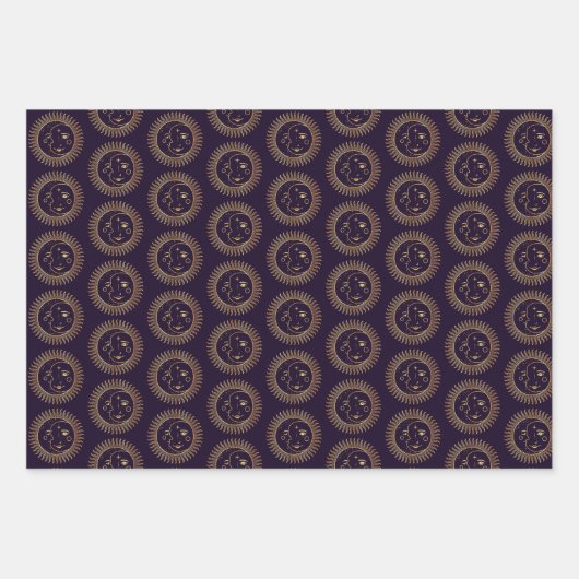 Gold Sun & Moon Faces Celestial Pattern Trio Inpakpapier Vel (Voorkant)