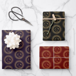 Gold Sun & Moon Faces Celestial Pattern Trio Inpakpapier Vel