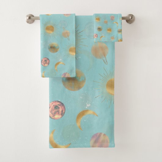 Gold Sun Moon Planets Space Blue-illustratie Bad Handdoek (Insitu)