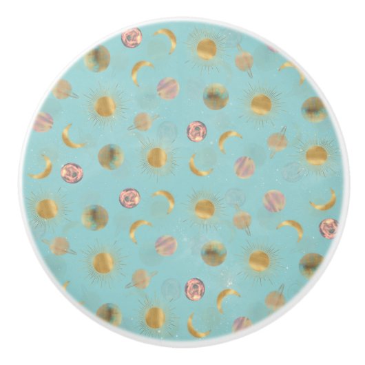 Gold Sun Moon Planets Space Blue-illustratie Keramische Knop (Voorkant)
