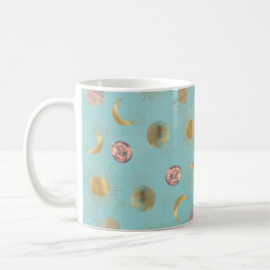 Gold Sun Moon Planets Space Blue-illustratie Koffiemok (Links)