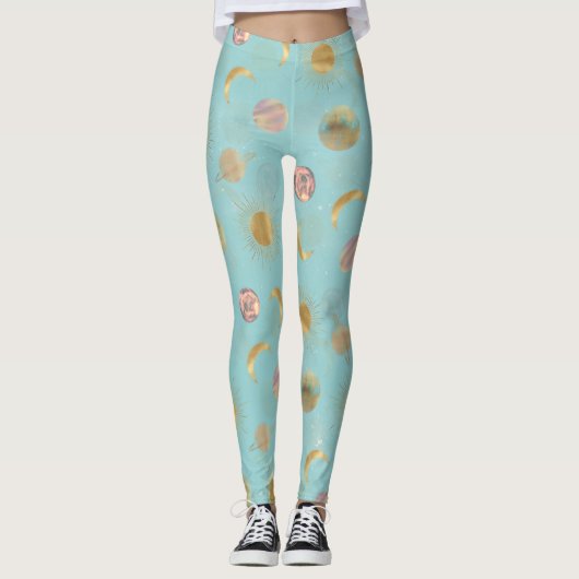 Gold Sun Moon Planets Space Blue-illustratie Leggings (Voorkant)