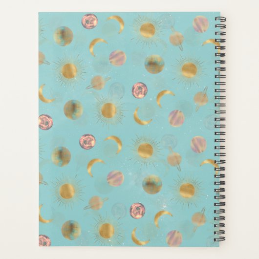 Gold Sun Moon Planets Space Blue-illustratie Planner (Achterkant)