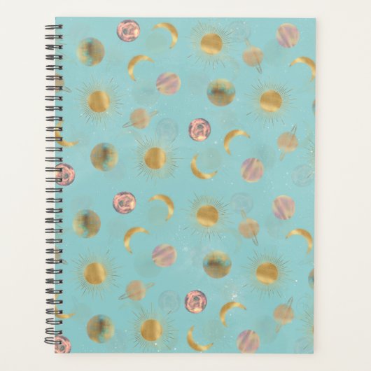 Gold Sun Moon Planets Space Blue-illustratie Planner (Voorkant)