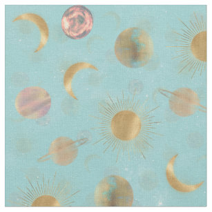 Gold Sun Moon Planets Space Blue-illustratie Stof