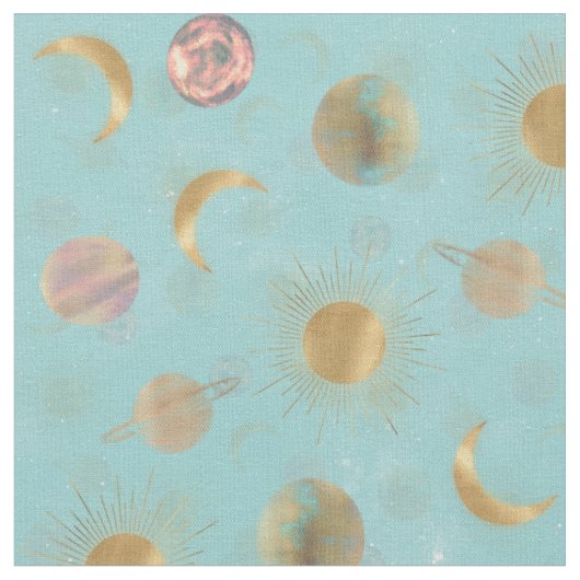 Gold Sun Moon Planets Space Blue-illustratie Stof (Close Up)
