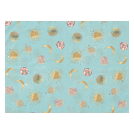 Gold Sun Moon Planets Space Blue-illustratie Tafelkleed (Voorkant (Horizontaal))