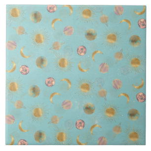 Gold Sun Moon Planets Space Blue-illustratie Tegeltje