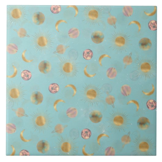Gold Sun Moon Planets Space Blue-illustratie Tegeltje (Voorkant)