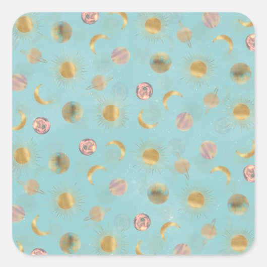 Gold Sun Moon Planets Space Blue-illustratie Vierkante Sticker (Voorkant)
