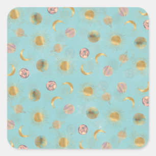 Gold Sun Moon Planets Space Blue-illustratie Vierkante Sticker
