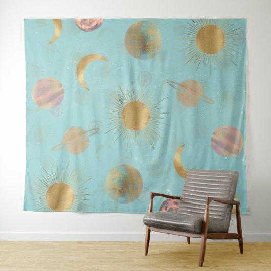 Gold Sun Moon Planets Space Blue-illustratie Wandkleed (In Situ (horizontaal))