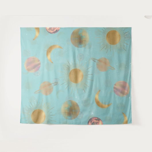 Gold Sun Moon Planets Space Blue-illustratie Wandkleed (Voorkant (horizontaal))