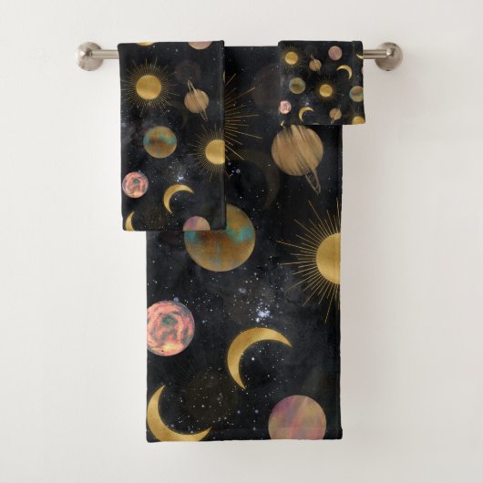 Gold Sun Moon Planets Space-illustratie Bad Handdoek (Insitu)