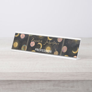 Gold Sun Moon Planets Space-illustratie Bureau Naambordje
