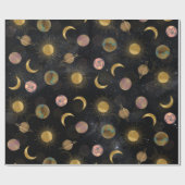 Gold Sun Moon Planets Space-illustratie Cadeaupapier (Vlak)