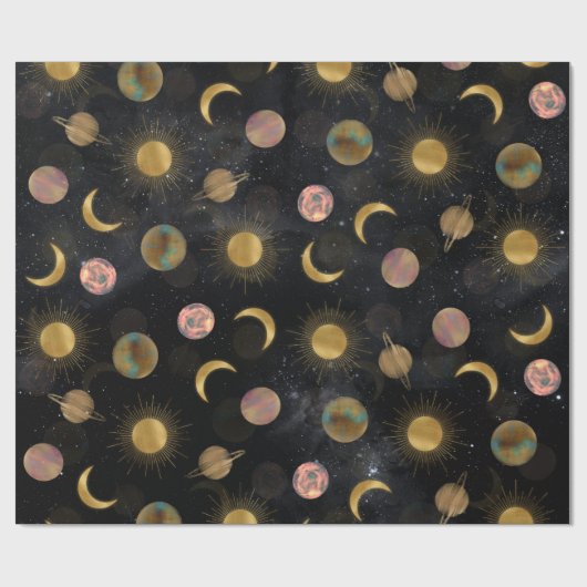 Gold Sun Moon Planets Space-illustratie Cadeaupapier (Vlak)