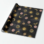 Gold Sun Moon Planets Space-illustratie Cadeaupapier (Uitgerold)