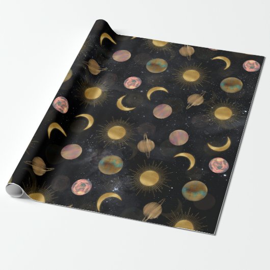Gold Sun Moon Planets Space-illustratie Cadeaupapier (Uitgerold)