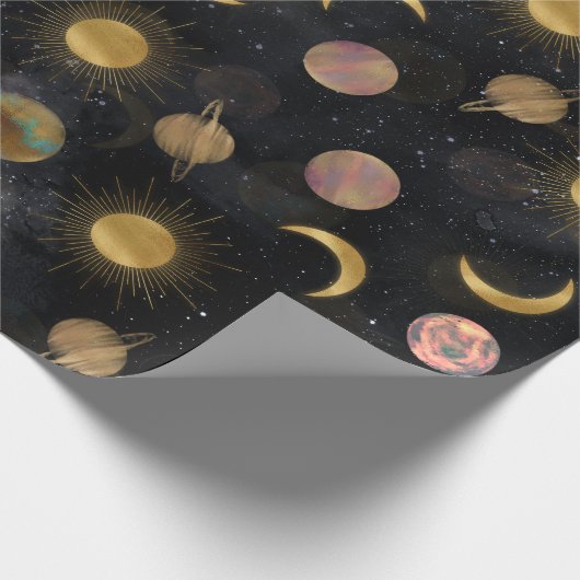 Gold Sun Moon Planets Space-illustratie Cadeaupapier (Hoek)