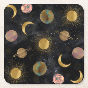 Gold Sun Moon Planets Space-illustratie Kartonnen Onderzetters