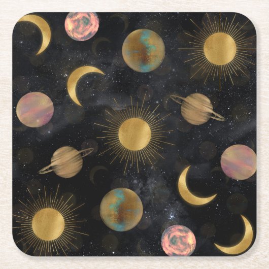 Gold Sun Moon Planets Space-illustratie Kartonnen Onderzetters (Voorkant)