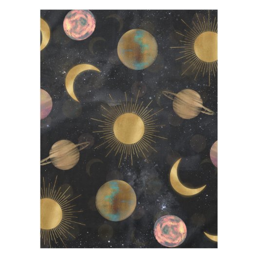 Gold Sun Moon Planets Space-illustratie Tafelkleed (Voorkant)