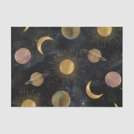 Gold Sun Moon Planets Space-illustratie Tissuepapier (Voorkant)