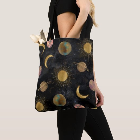 Gold Sun Moon Planets Space-illustratie Tote Bag (Dichtbij)