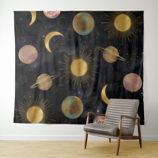 Gold Sun Moon Planets Space-illustratie Wandkleed (In Situ (horizontaal))