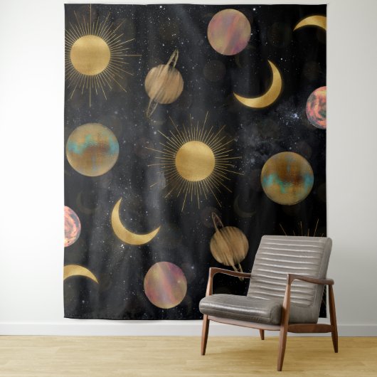 Gold Sun Moon Planets Space-illustratie Wandkleed (In situ)