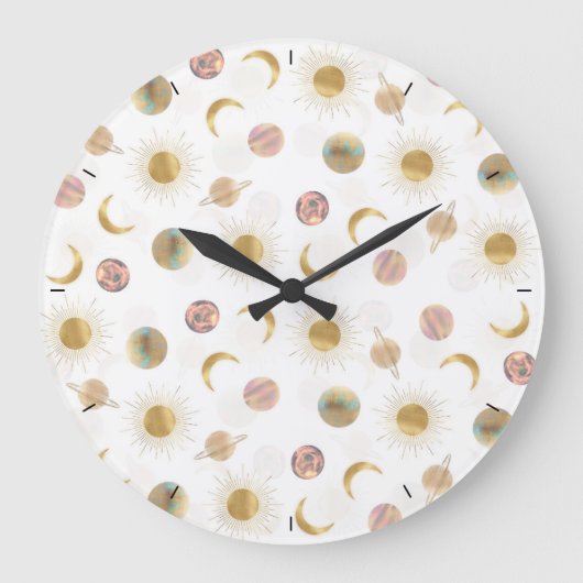Gold Sun Moon Planets Space White - afbeelding Grote Klok (Voorkant)