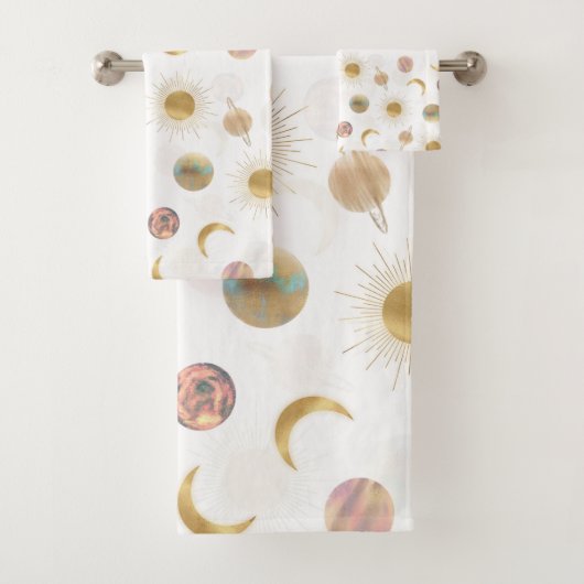 Gold Sun Moon Planets Space White illustratie Bad Handdoek (Insitu)