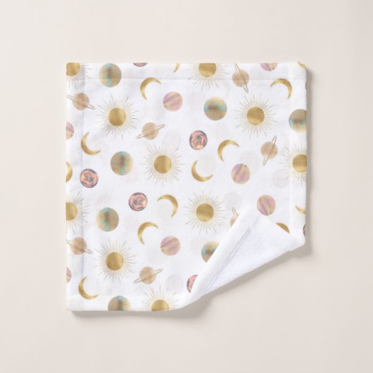 Gold Sun Moon Planets Space White illustratie Bad Handdoek (Wasdoekje)