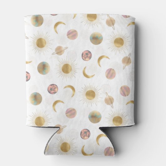 Gold Sun Moon Planets Space White illustratie Blikjeskoeler (Achterkant)