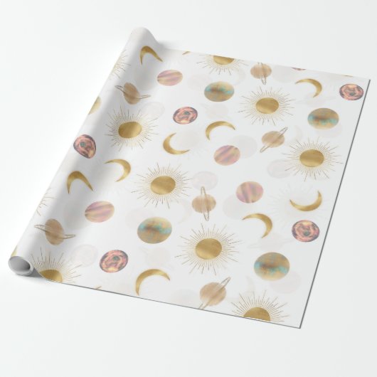 Gold Sun Moon Planets Space White illustratie Cadeaupapier (Uitgerold)