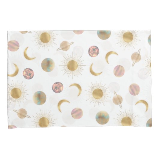 Gold Sun Moon Planets Space White illustratie Kussensloop (Voorkant-Rechts)